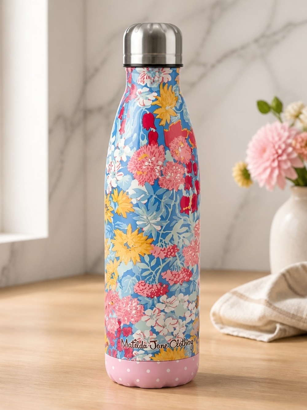 Matilda Jane Blue Floral Insulated Bottle with Pink Base